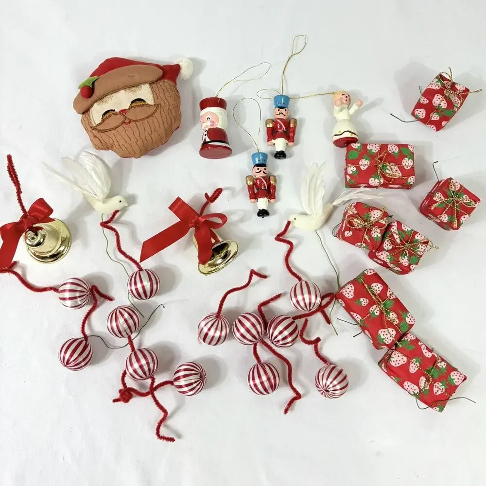Vintage Mixed Lot Small Wooden Silk Christmas Tree Holiday Ornaments